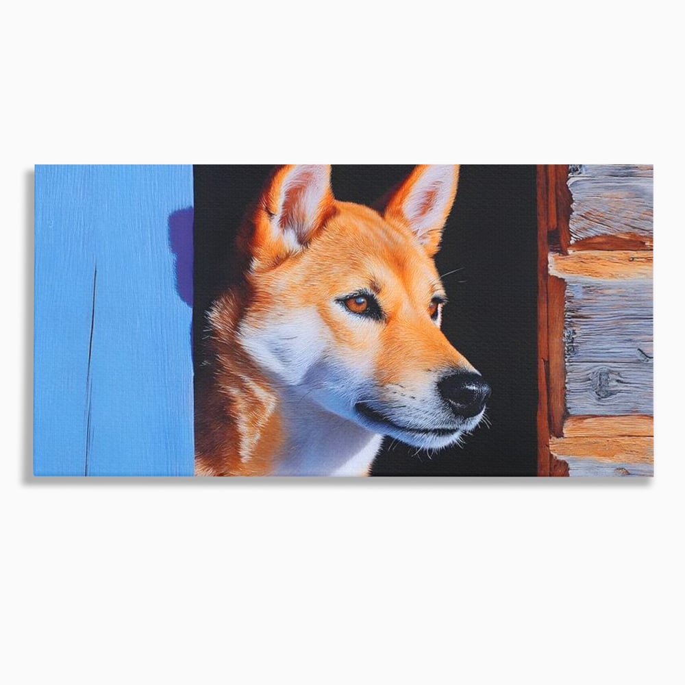 Tablou canvas cu tablou canvas cu portret de caine shiba, fara rama, pe sasiu de lemn